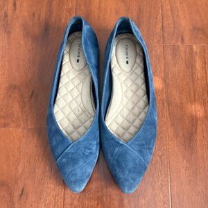 Birdies Blue Suede Pointed Toe Quilted Insole Flats